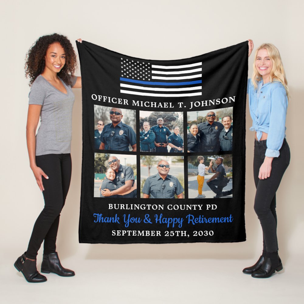police retirement custom 6 photo thin blue line fleece blanket - Police Gifts