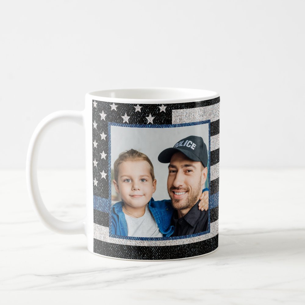 thin blue line police flag photo monogram coffee mug - Police Gifts