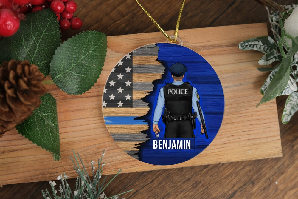 Personalized Thin Blue Line Police Officer Christmas Ornament